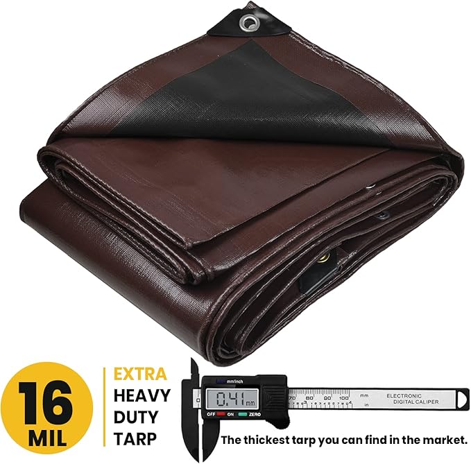 PROTARP Extra Heavy Duty 16 Mil Tarp Cover, Waterproof, UV Resistant, Rip and Tear Proof, Poly Tarpaulin with Reinforced Edges for Roof, Camping, Patio, Pool, Boat. (Brown/Black 30′ X 30′)