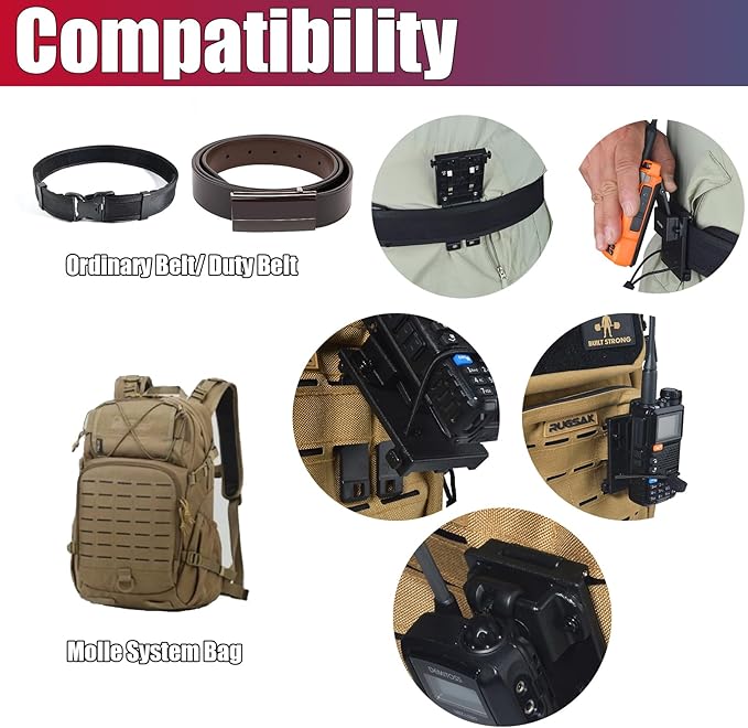 Universal Belt Clip & MOLLE Radio Holster - Tactical Mount Holder for BaoFeng Motorola Midland Kenwood Walkie-Talkies w/Back Clip - Secure Fit for Duty Belts, MOLLE Packs