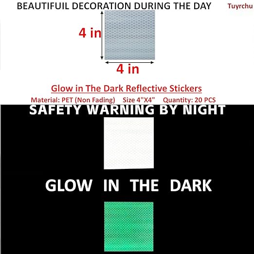 Glow in The Dark Reflective Stickers 4 inch X 4 inch for Bikes, Outdoor Waterproof High Visibility Reflector (20 Pcs)