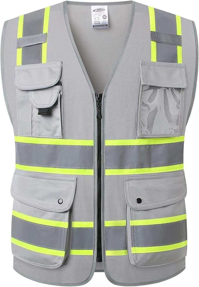 JKSafety 9 Pockets Hi-Vis Fluorescent Color Zipper Front Safety Vest with Neon Color Extended Yellow Trims for Men and Women Work Safety Utility (901-Grey XL)
