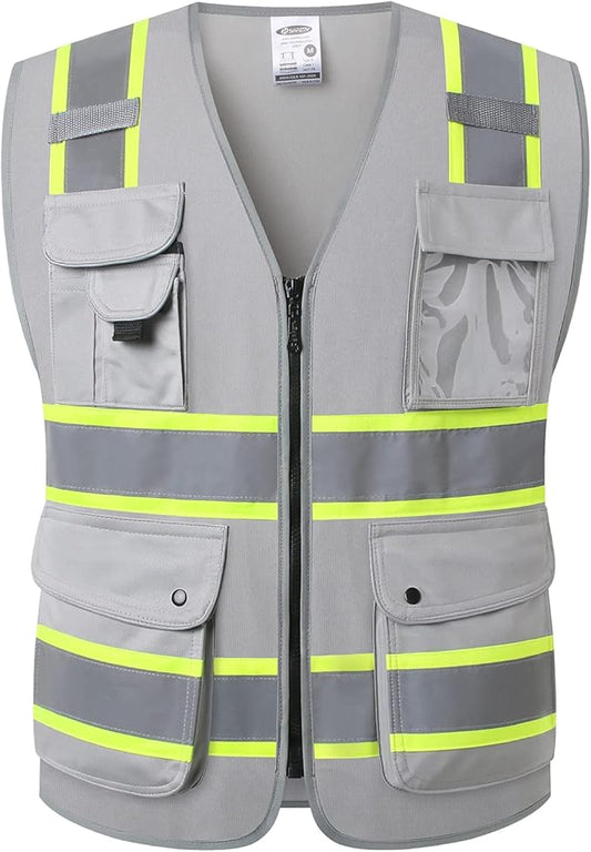 JKSafety 9 Pockets Hi-Vis Fluorescent Color Zipper Front Safety Vest with Neon Color Extended Yellow Trims for Men and Women Work Safety Utility (901-Grey 5XL)