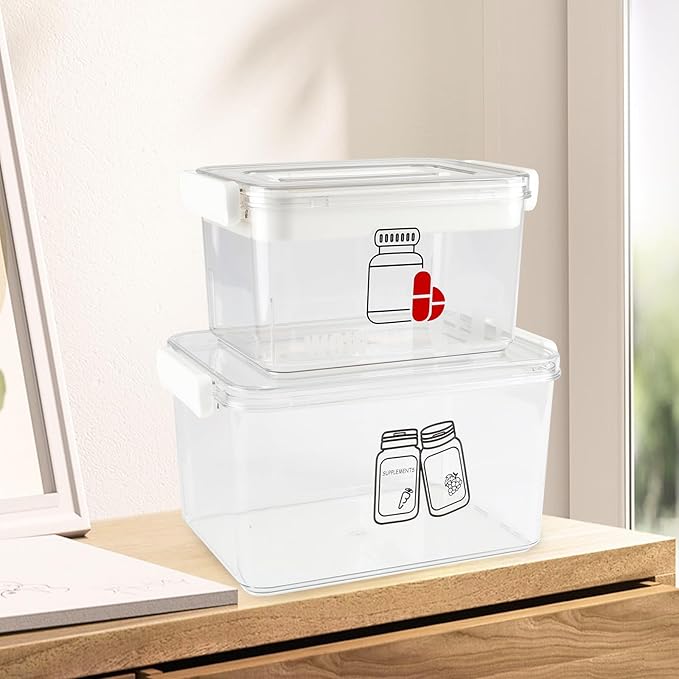 First Aid Box Empty and Vitamin Bottle Organizer Set, Clear Plastic Medical Box with Snap-Off Lid & Handle for Supplements Medicine Storage