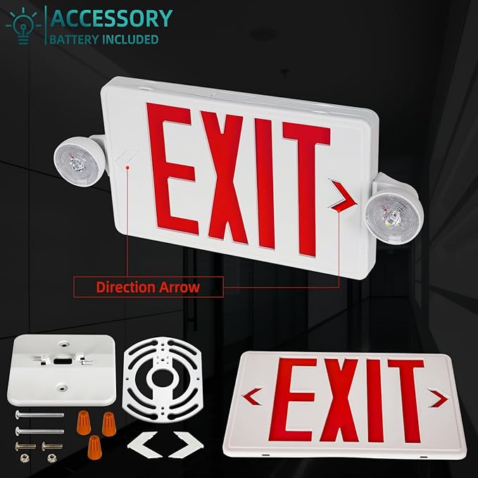 Exit Sign with Emergency Light, Commercial Exit Signs，Red Emergency Exit Light, 2 Adjustable Heads,Combo for Business, 120V/277V AC, UL-Listed, 2 Pack