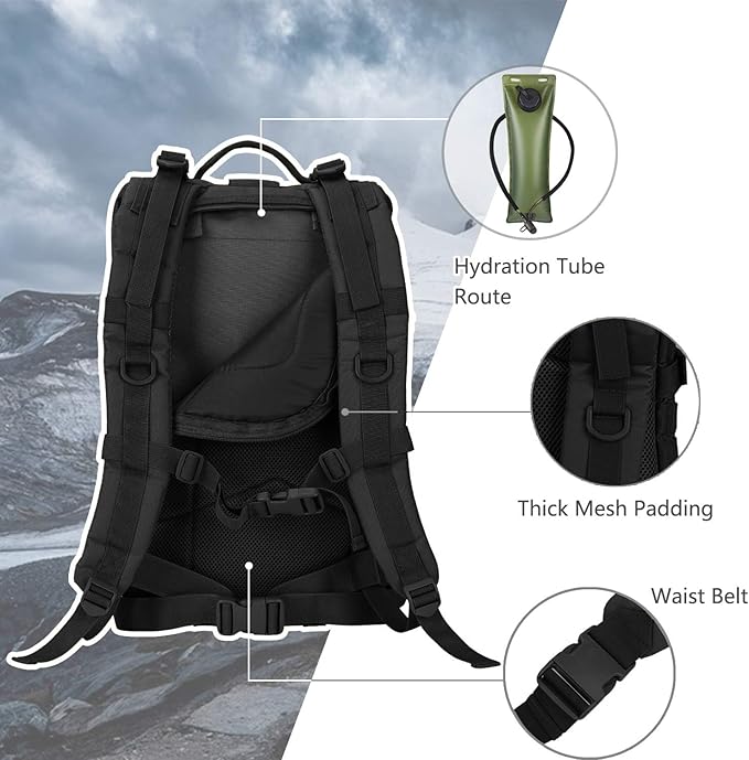 MOLLE Assault Backpack, Tactical Backpack Military Army Camping Rucksack, 3-Day Pack Trip w/USA Flag Patch, D-Rings, Black