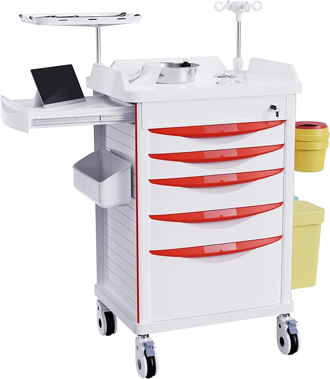 Medical Storage Crash Cart with Wheels - IV Pole, Silent Casters, Drawers with Dividers, Needle Disposal Holder, Trash Bin, O2 Holder, Emergency Mobile Cart for Clinic, Hospital, Nursing Center