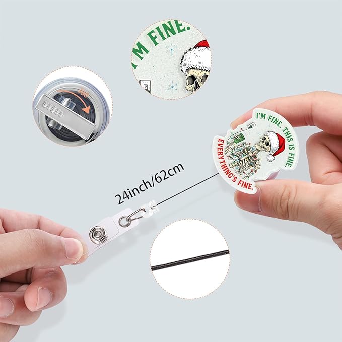 Badge Clips Retractable, Christmas Skeleton Badge Reel with Alligator Clip, Glitter Acrylic Id Badge Holder for Nurse, RN, LPN, CNA (Christmas)