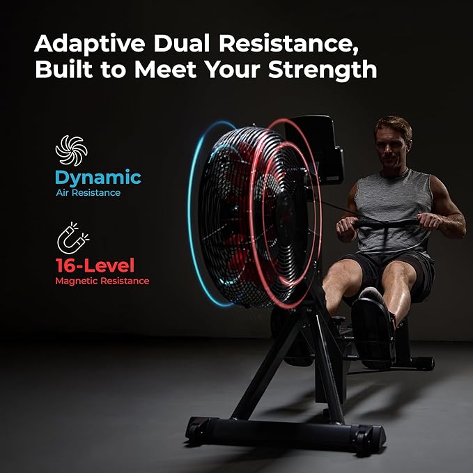 Sunny Health & Fitness Premium Smart Air & Magnetic Resistance Rowing Machine, Foldable Long Silding Rail Exercise Rower for Home Training, Optional Free SunnyFit App Connection