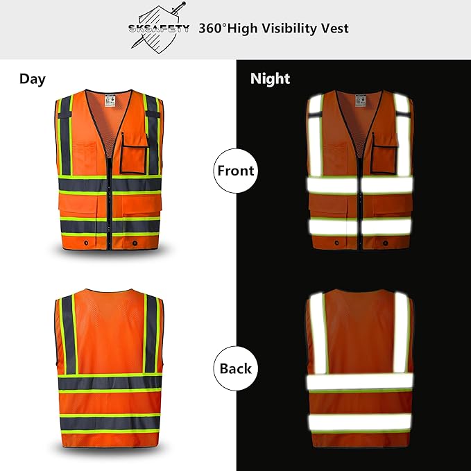 SKSAFETY 10 Pockets Safety Vest, Class 2 High Visibility Security with Zipper Back Mesh, Hi Vis Vest with Reflective Strips, ANSI/ISEA Standard, Construction Work Vest for Men ＆ Women （Orange, 2XL）