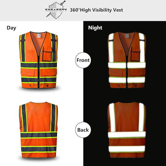 SKSAFETY 10 Pockets Safety Vest, Class 2 High Visibility Security with Zipper Back Mesh, Hi Vis Vest with Reflective Strips, ANSI/ISEA Standard, Construction Work Vest for Men ＆ Women （Orange, 3XL）
