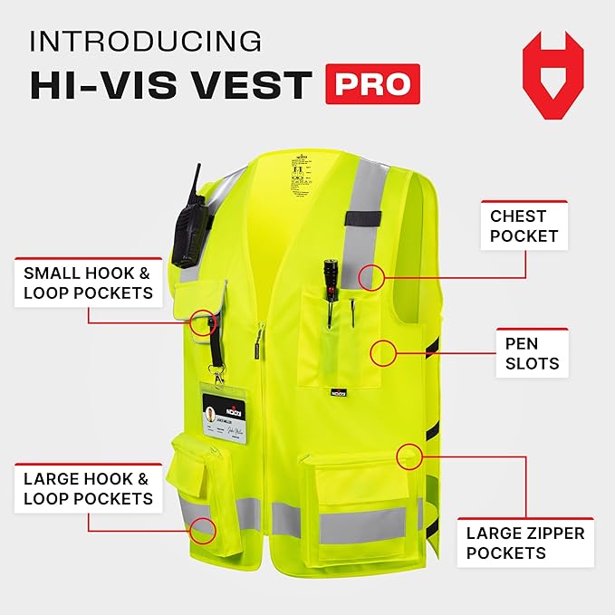 NoCry Premium Reflective Safety Vest for Men with Heavy-Duty Stitching & Phone Pocket — ANSI Class 2 High-Visibility Neon Workwear with Multiple Pockets – Ideal for Construction Workers & Surveyors