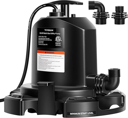VIVOSUN Submersible Sump Pump, 1575GPH Thermoplastic Portable Utility Water Pump with 10ft Power Cord and 2 Adapters, Ideal for Swimming Pool, Basements, Window Wells