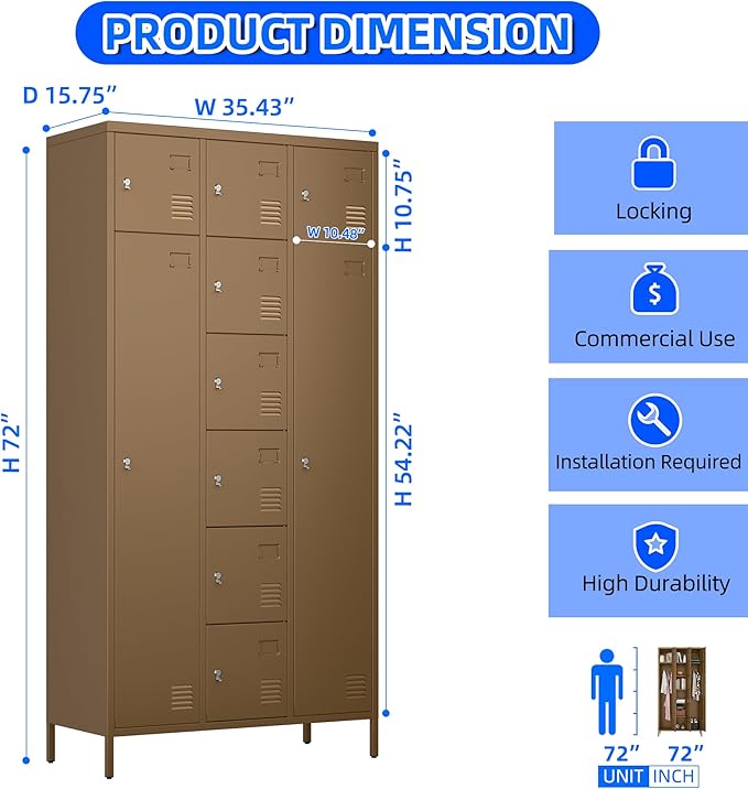 Metal Lockers for Employees with 10 Doors, 72" H Steel Lockable Storage Lockers with 6 Hooks and 10 Card Holder for Office, Home, Gym, School, Employees, Khaki