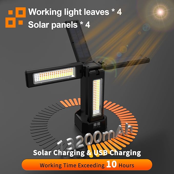 13200mAh Rechargeable Solar Work Light with Remote and Portable Carrying Bag, 8000 Lumen Stepless Dimmable, 4 Lighting Modes, White/Warm/Nature/SOS for Outdoor Camping Car Work Emergency Light