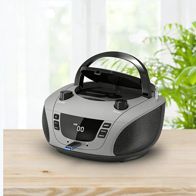 LONPOO Portable CD Boombox -FM & AM Radio, CD Player, Bluetooth, USB, MP3, AUX,Portable, Built-in Stereo Speakers, Carrying Handle, LCD Display,Grey