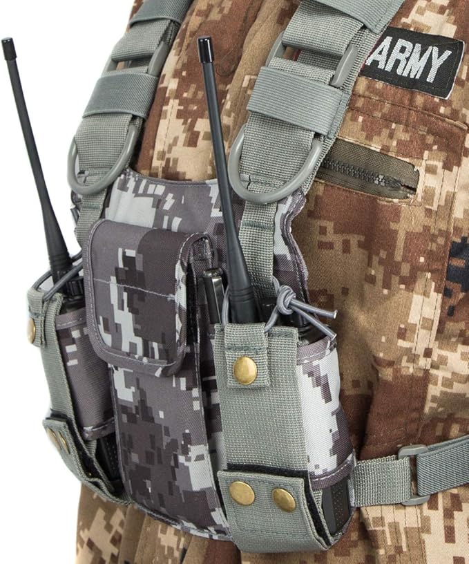 Radio Shoulder Holster Chest Harness Holder Vest Rig for Two Way Radio Chest Front Pack Pouch Walkie Talkie Case with Front Pouches for Kenwood Arcshell Retevis Baofeng UV-5R F8HP UV-82 888S(Camo)