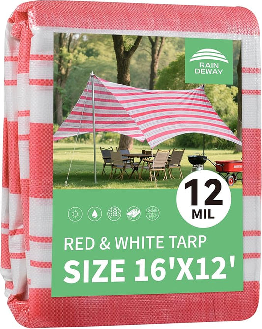 RAINDEWAY Tarps 12x16 Feet,12 Mil Sunshade Striped Tarp Waterproof,Multipurpose Poly Tarp Cover with Grommets and Reinforced Edges,Red/White Tarps