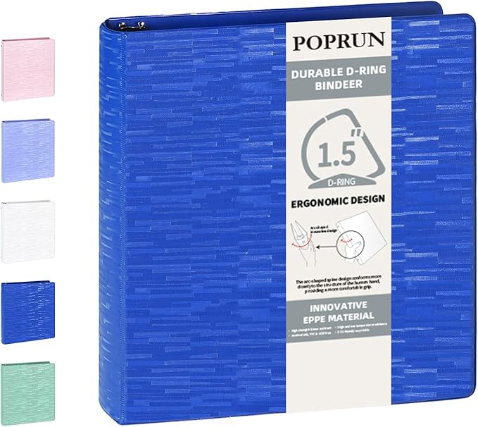 POPRUN 3 D Ring Binder 1.5 Inch, PVC-Free, Holds 375 Sheets of 8.5 x 11 Paper, Extra Durable Organizer with 2 Pockets for School & Office, Heavy-Duty, 1 Pack, Prussian Blue