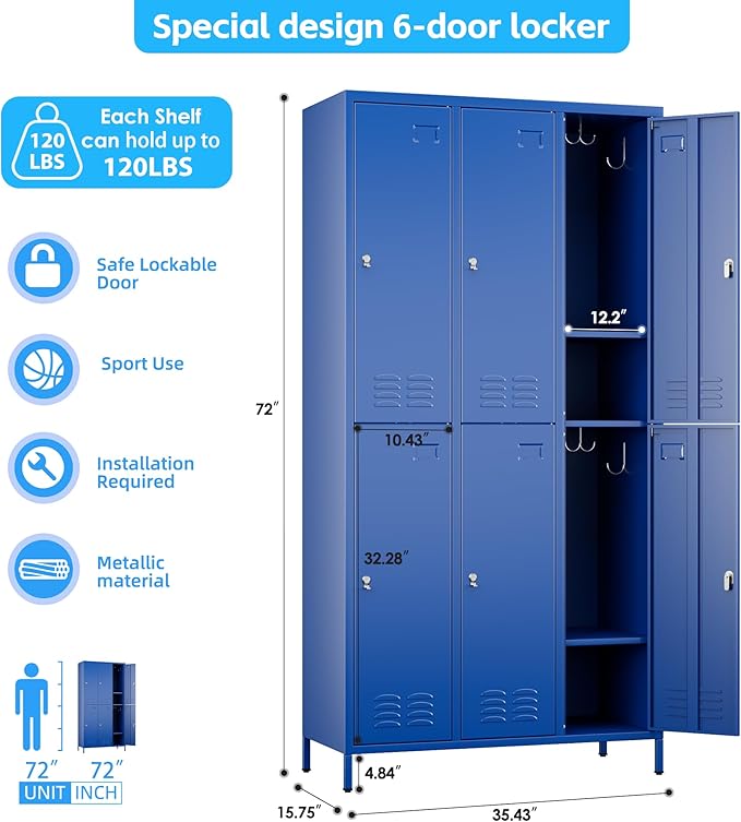 Metal Lockers for Employees with 6 Doors and 18 Hooks, 72”H Storage Locker with Card Slot for Office Gym School Bedroom, Blue, Assembly Required