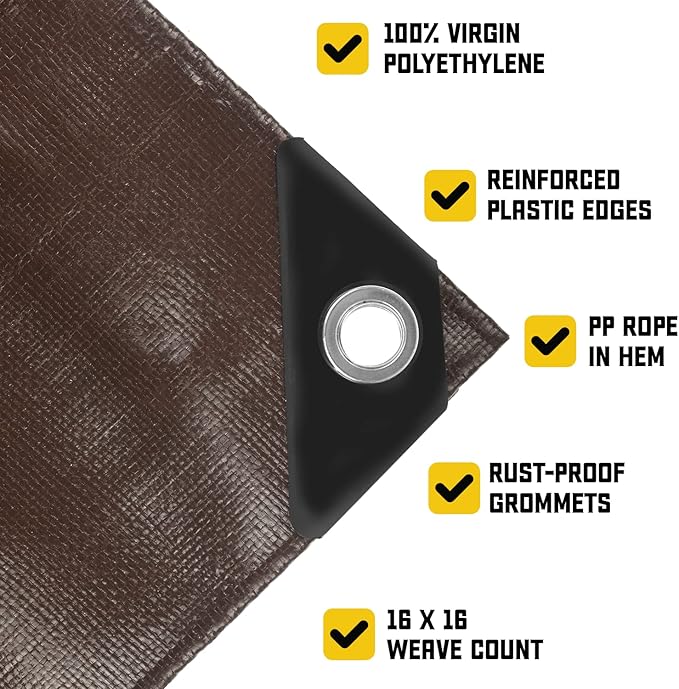 Core Tarps Extreme Heavy Duty 20 Mil Tarp Cover, Waterproof, UV Resistant, Rip and Tear Proof, Poly Tarpaulin with Reinforced Edges for Roof, Camping, Patio, Pool, Boat (Brown/Black 10′ X 10′)