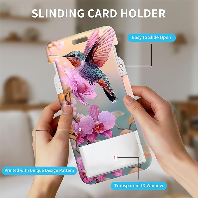 ID Badge Holder with Retractable Lanyard for Women & Men,Vertical ID Card Holder Wallet,Clear Window&Card Slot,Detachable Neck Strap for Nurse Teacher Office,Hummingbird & Orchid