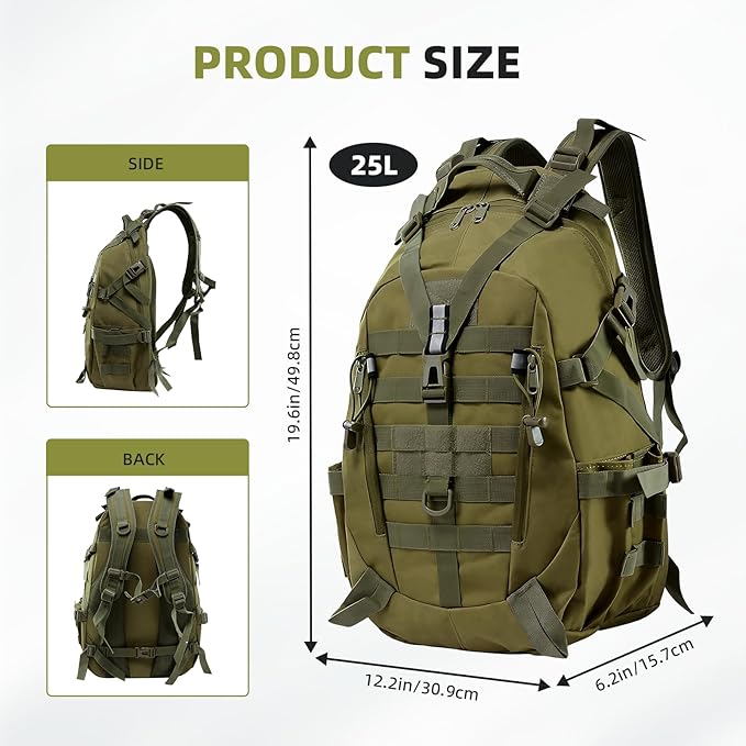 aiGear 25L Waterproof Tactical Backpack - Military Molle Assault Backpack for Men, 3-Day Combat Backpack with Water Bottle Holder