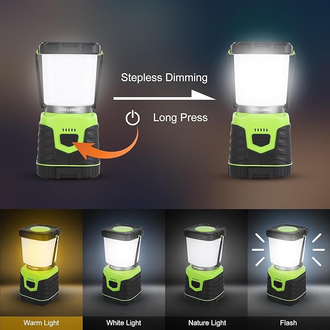 1000LM Battery Powered Lantern, 4 Lighting Modes, IPX4 Waterproof, Battery Operated Lantern with Battery Indicator for Outdoor Camping, Hiking, Carabiner Clip Included