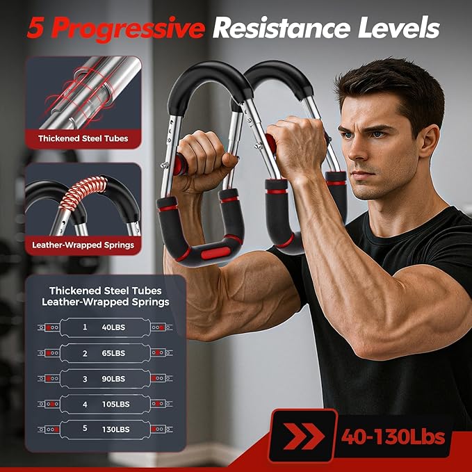 Twister Arm Trainer, Adjustable 5 Resistance Levels (40-130 lbs) Chest & Arm Workout Equipment for Men & Women, Ergonomic Home Gym Strength Trainer with Anti-Slip Handles & Carry Bag