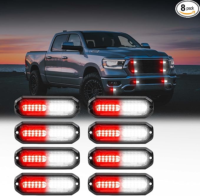 WINECO 12 Led POV Emergency Fire Strobe Lights, Red White Firefighter Surface Mount Grille Grill Warning Flashing Light Caution Construction Hazard Light Bar for Trucks Vehicles