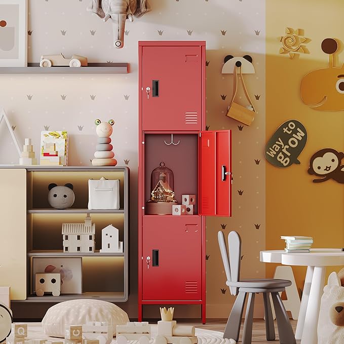 METAN Metal Storage Employees Lockers with 3 Lockable Doors and Hooks,66''H*16''W*16''D Locking Storage Cabinets for Small Spaces,Home,School,Gym,Assembly Required,Red