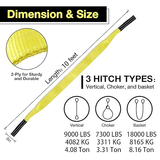 Lift Sling Straps,3" x 10' 2-Ply Heavy Duty Flat Eye Lift Sling,Flat Eye Polyester Lifting Straps Not Nylon Tree Saver Recovery Strap Web Rigging Securing Moving Tow Hoisting Gear Strap 18000lb