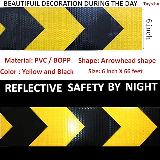 Reflective Tape Yellow Black 6 inch Wide for Bikes, Outdoor Waterproof High Visibility Safety Warning Adhesive Strips (66 feet)