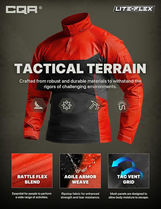 CQR Men's Combat Shirt Tactical 1/4 Zip Long Sleeve Military BDU Shirts Camo EDC Top with Pockets