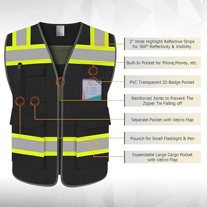 TCCFCCT Safety Vest for Men Women 5 Pockets Mesh High Visibility Reflective Vest with Reinforced Zipper, Durable Construction Work Vest with Fluorescent Orange Edge, Meets ANSI/ISEA, DW-Black, 5XL