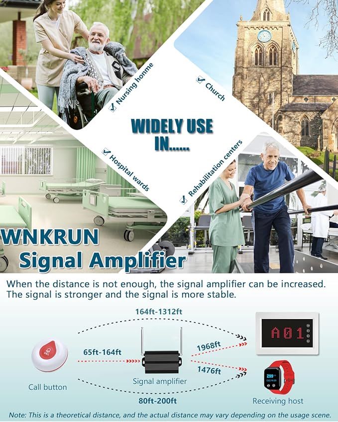 Caregiver Pager System Nurse Calling System 1200+ft Wireless Calling System with 1 Display Receiver/2 Watch Pagers/1 Signal Amplifier/15 Call Buttons for Clinic/Hospital/Nurses Station/Home