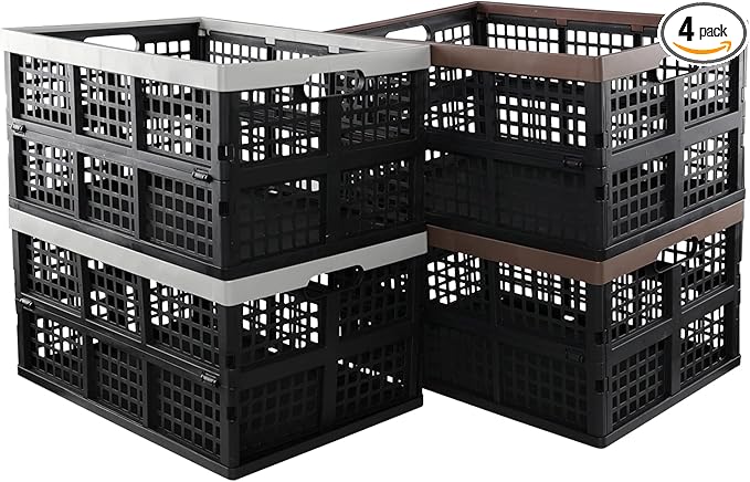 Cand 4 Pack Large Collapsible Crate for Storage, 42 Liter Plastic Folding Crate Box Bin