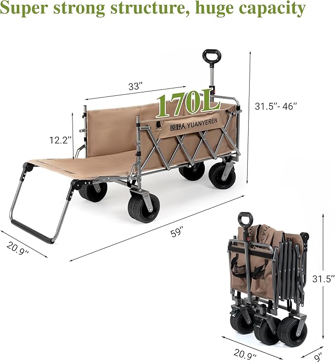 Large Capacity Collapsible Wagon with Opened Tailgate, 500lbs Pulled and Pushed Heavy Duty Folding Wagon Carts, 59" Extra Long Extender Wagons, All-Terrain Big Wheels for Shopping, Sports, Camping
