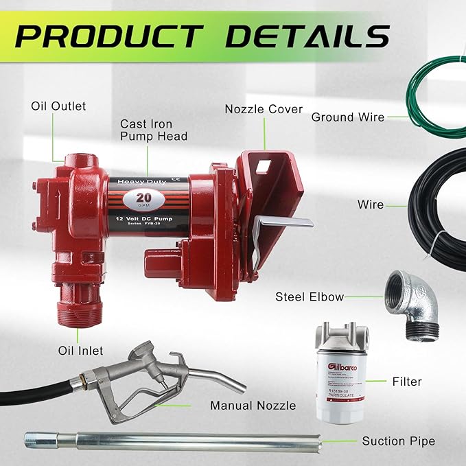 12V Fuel Transfer Pump w/Manual Nozzle, 20 GPM High Flow DC Diesel Transfer Pump, Gas Heavy Duty Transfer Pump with Filter for Gasoline, Diesel, Kerosene, Biodiesel and More