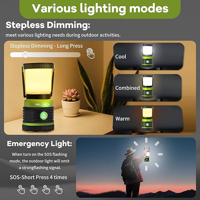LED Camping Lantern 1800LM Battery Powered Lantern,Waterproof Tent Light with 4 Light Modes, Camping Essentials, Portable Lantern Flashlight for Camping, Emergency Light, Power Outages, Hurricane 2pcs