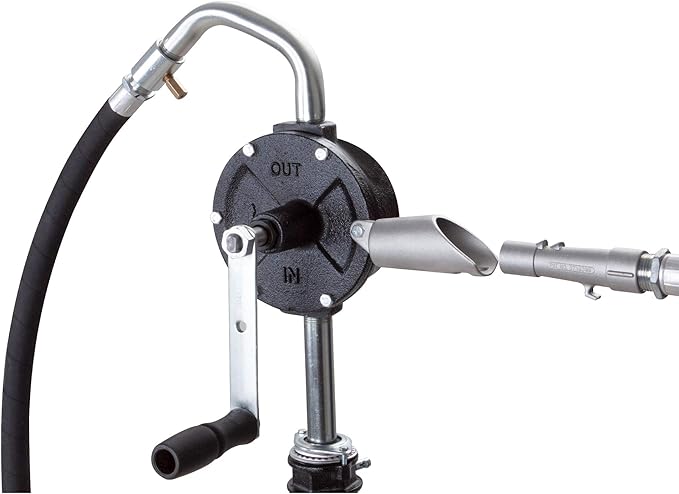 Groz 44082 Industrial Rotary Fuel Pump, with Steel Discharge Spout, Vacuum Breaker and 8' Discharge Hose