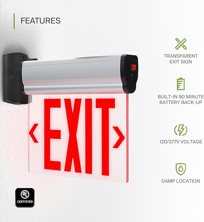 ASD LED Exit Sign with Battery Backup - 120/277V UL 3W Transparent Rotatable Emergency Exit Light for Business, Commercial Hardwired Damp Location Power Outage Lights, Red, 6 Pack