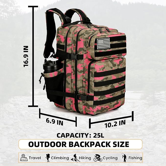 25L Tactical Backpack for Men and Women Military Backpack Small Assault Pack Molle Backpack Bug Out Bag Travel Rucksack Daypack (Pink Camo)