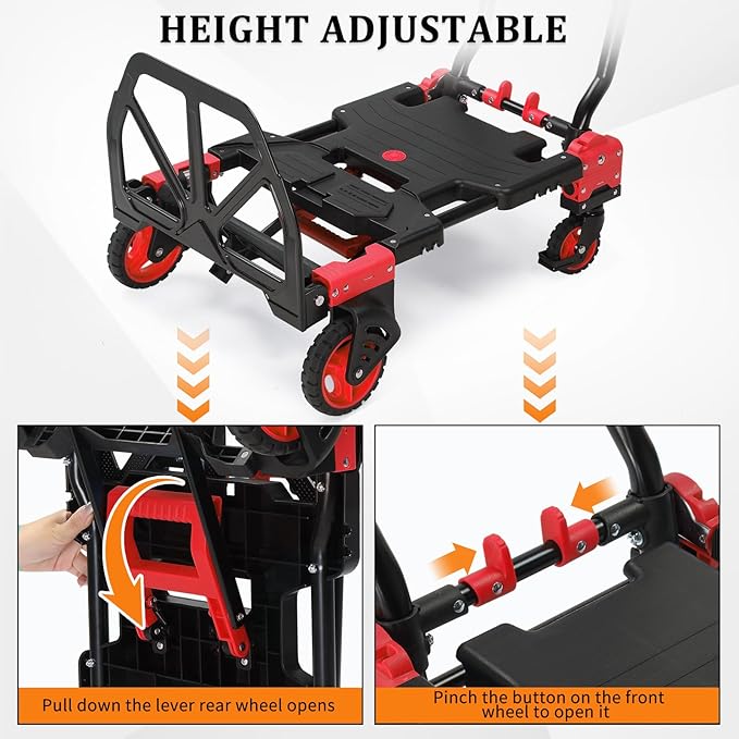 TUFFIOM Folding Hand Truck, Dolly Cart 330 lbs Capacity 2-in-1, Foldable Hand Truck with Retractable Handle and 4 Rubber Wheels, Hand Cart Dolly for Shoping, Office, Travel, Moving