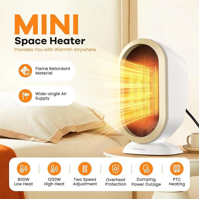 Space Heater, 800W Fast Heating Ceramic Small Heater, Portable Energy Efficient Space Heaters, Two-Speed Mini Desk Ceramic Heaters with Adjustable, Overheating Protection, Dumping Shutdown (White)