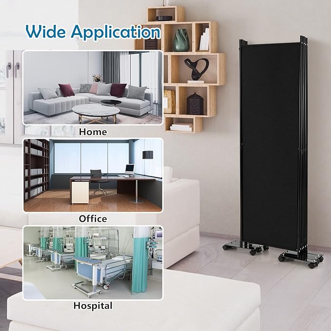 GOFLAME 6 Panel Folding Room Divider, 6FT Rolling Privacy Screen with Lockable Wheels, Portable Room Partition Screen, Freestanding Wall Divider and Separator for Home Office, Black