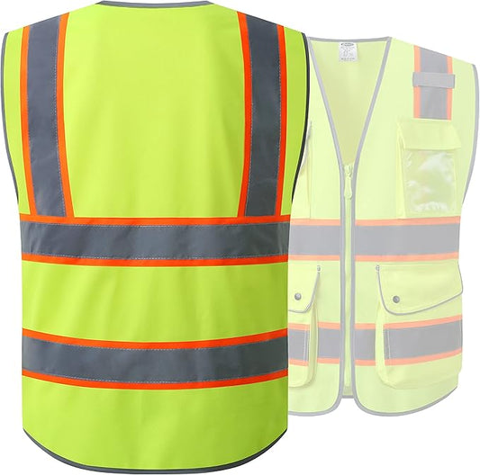JKSafety 9 Pockets Hi-Vis Neon Yellow Color Zipper Front Safety Vest with Fluorescent Orange Extend Edge outlining the Reflective Tapes Meet ANSI/ISEA Class 2 Standard (901-Yellow, XX-Large)