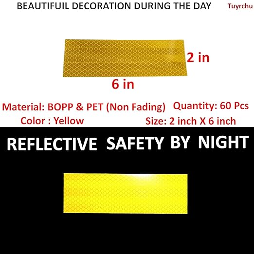 Yellow Reflective Stickers 2 inch X 6 inch, Outdoor Waterproof High Visibility Warning Safety Adhesive Reflector Tape (60 Pcs)
