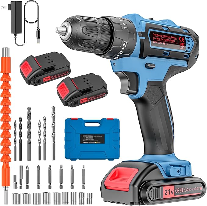 Cordless Drill Set, 21V Power Drill with 2 Batteries and Charger, 25+3 Torque Setting Electric Drill with 26 Acessories, Built-in 3/8'' Keyless Chuck, LED Light, Max 398 in/lb Electric Screwdriver