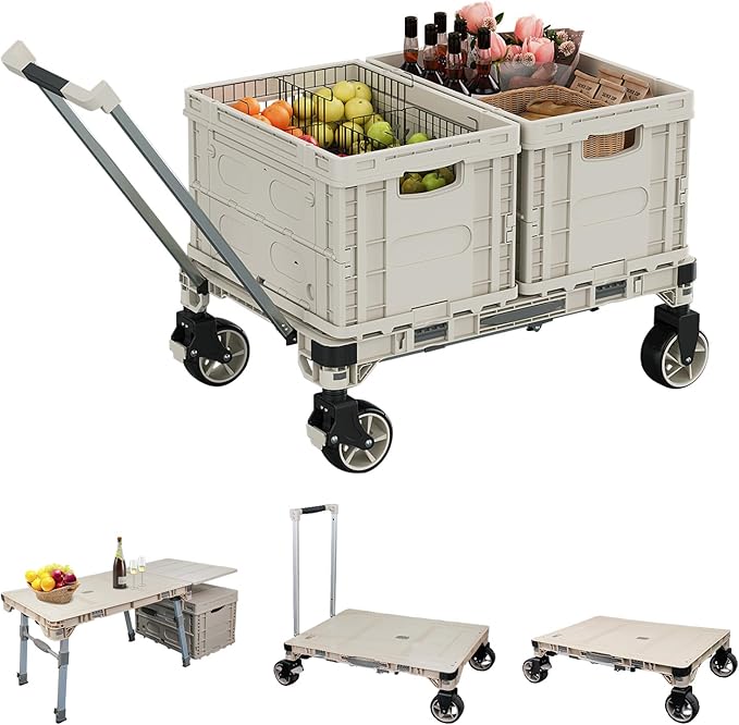 3 Pieces Camping Table Cart Set Multi-Purpose Used as Picnic Table & Dolly & Platform Truck 3-in-1 Wagon with Swivel Wheels for Camping Travel Shopping Outdoor (1 Cart and 2 Crates)