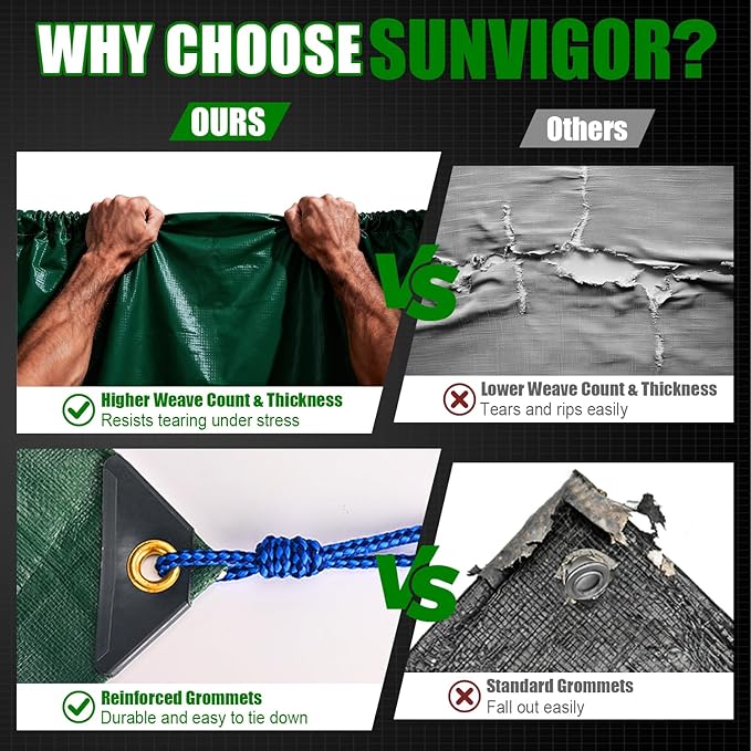 Sunvigor Tarp Waterproof 10x12Ft, Extra Thick 14 Mil Heavy Duty Tarp Cover, Tear & Fade Resistant, Outdoor Tarps with Brass Grommets and Reinforced Edges for Roof, Camping, Patio, Boat (Green)
