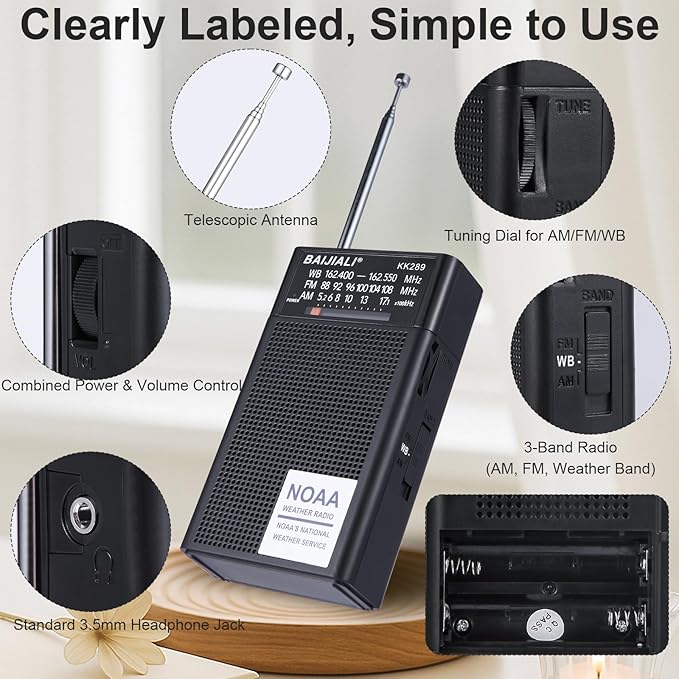 BAIJIALI NOAA Weather Radio with AM/FM, Emergency Portable Radio - Strong Reception, Battery Operated, Headphone Jack for Storms, Hurricanes and Outdoor Activities (Black)